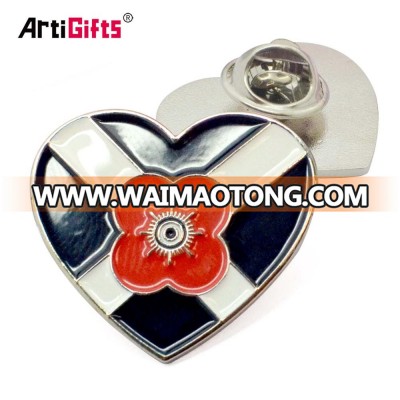 Metal red heart  custom enamel poppy lapel pin with fancy safety pins